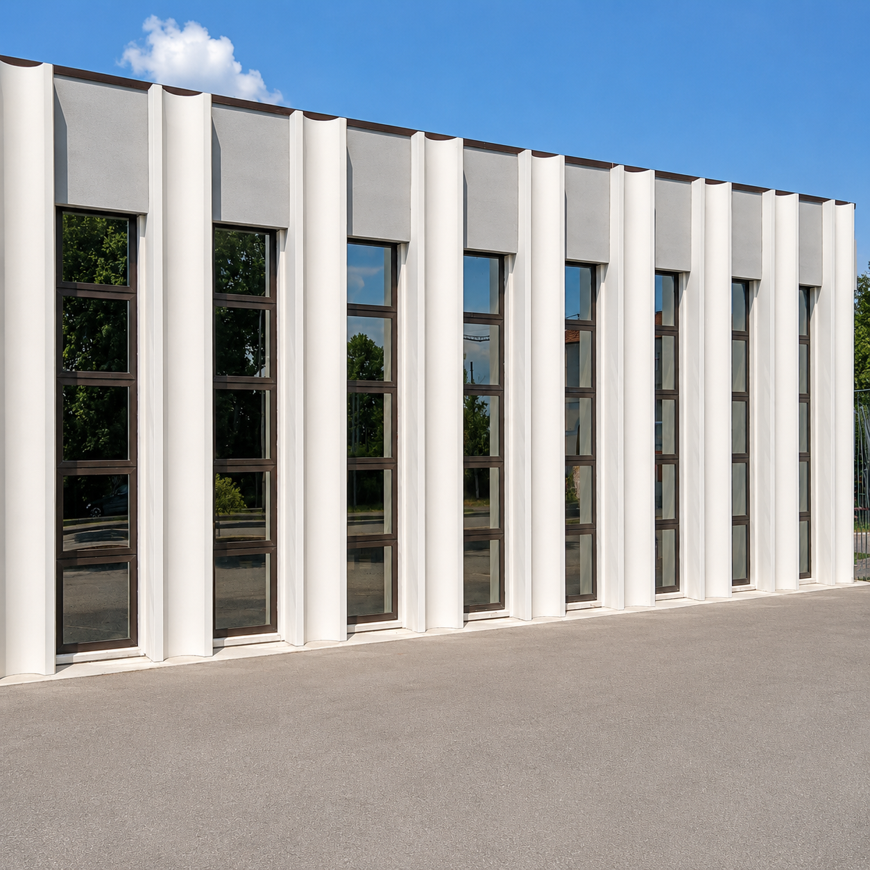 Facciata moderna di edificio con grandi finestre e colonne bianche.