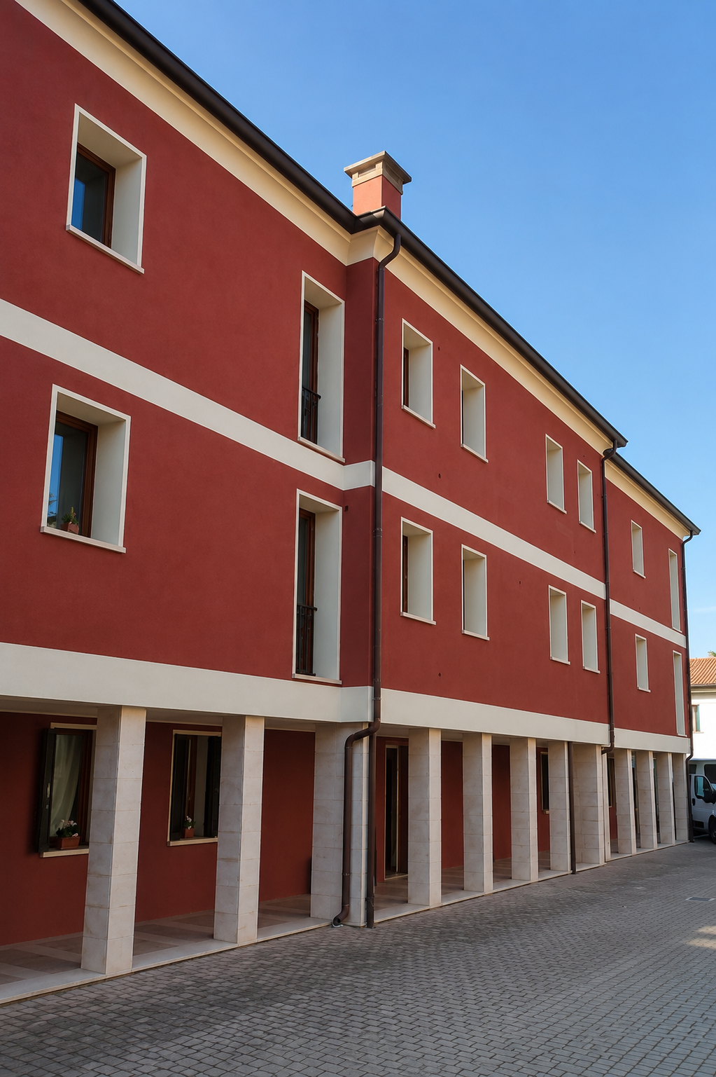 Edificio residenziale con pareti rosse, finestrini e un portico al piano terra sostenuto da colonne di pietra, sotto un cielo blu.
