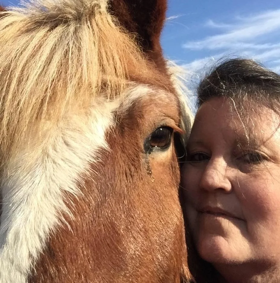 Coreen Arioto, the author, with her Icelandic horse, Teddy, under a blue sky.
