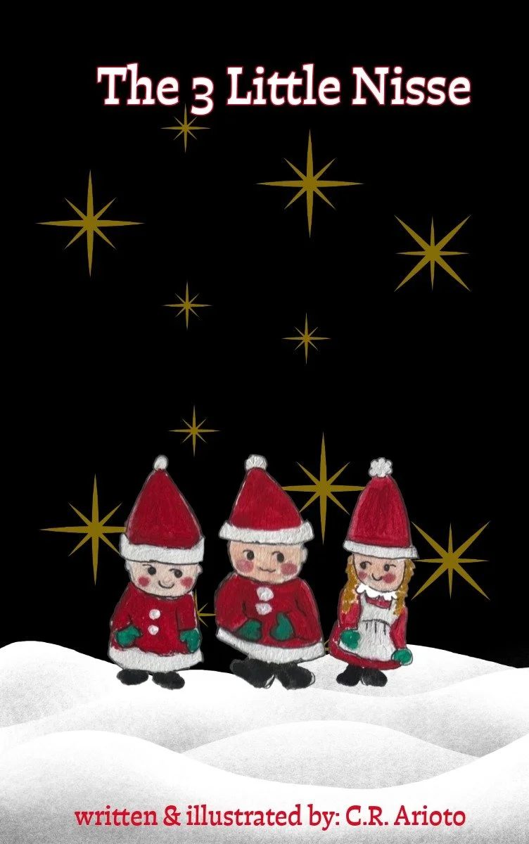Cover of a children's book titled "The 3 Little Nisse," featuring three small elves in red hats and coats standing on snow, with gold stars in a black night sky.