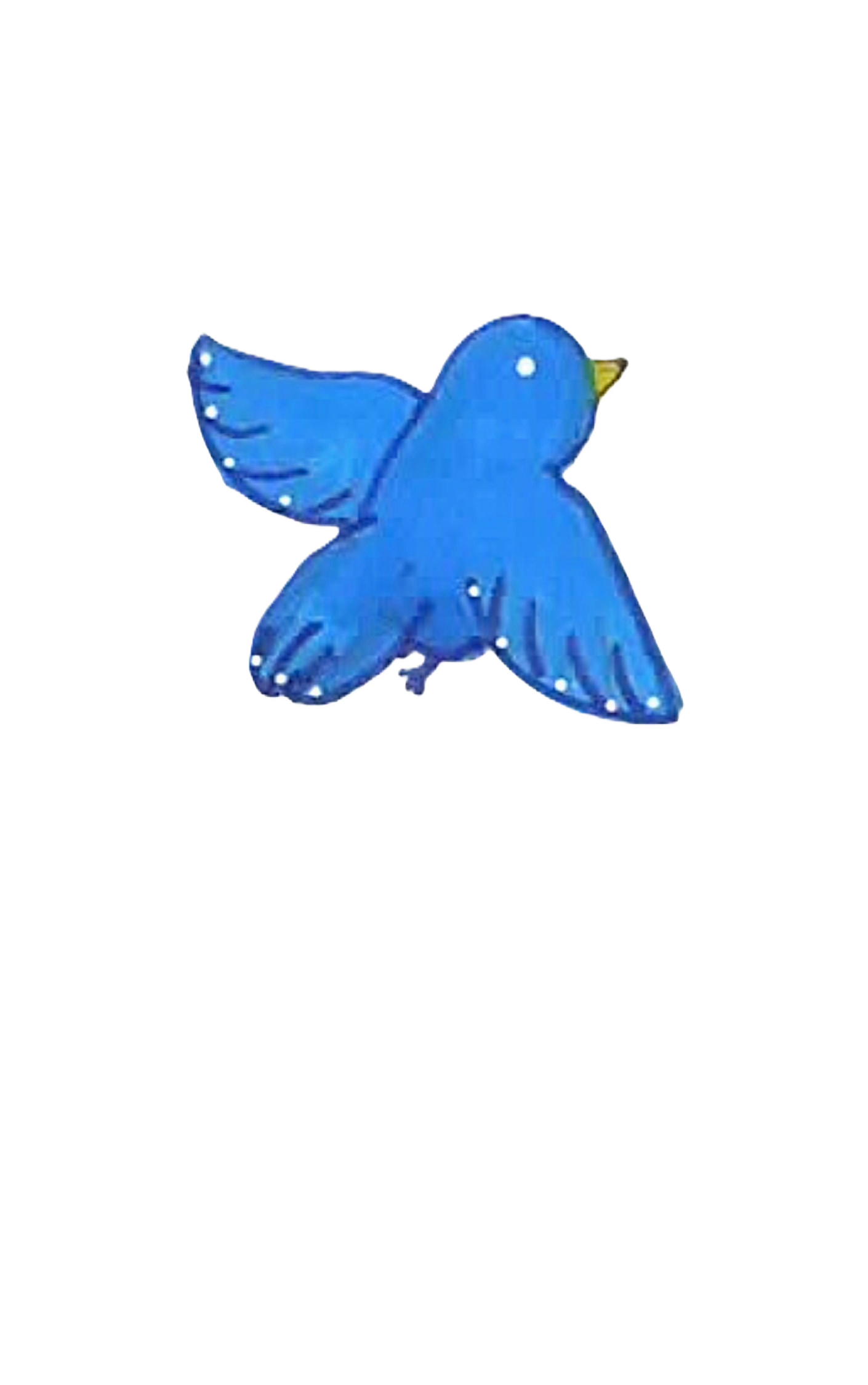 A  folk art bluebird with white dots on its wings and a small yellow beak in flight.