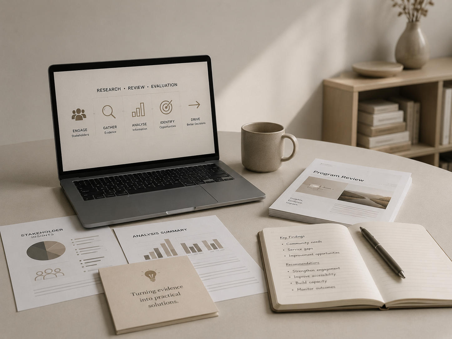 Workspace with a laptop displaying a research process chart, a coffee mug, a program review report, a printed stakeholder insight report, an analysis summary sheet, a notebook with key findings and recommendations, and a pen on a light-colored desk with a bookshelf in the background.