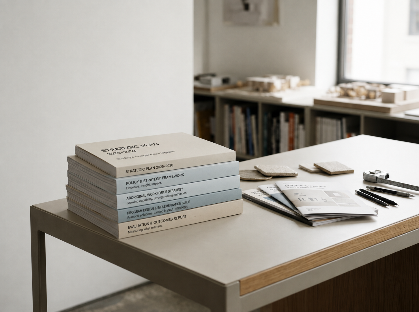 Desk with stacked documents related to strategic planning, including a report titled "Strategic Plan 2025-2030," and various brochures, pens, and tiles, in an office setting with bookshelves and natural light.