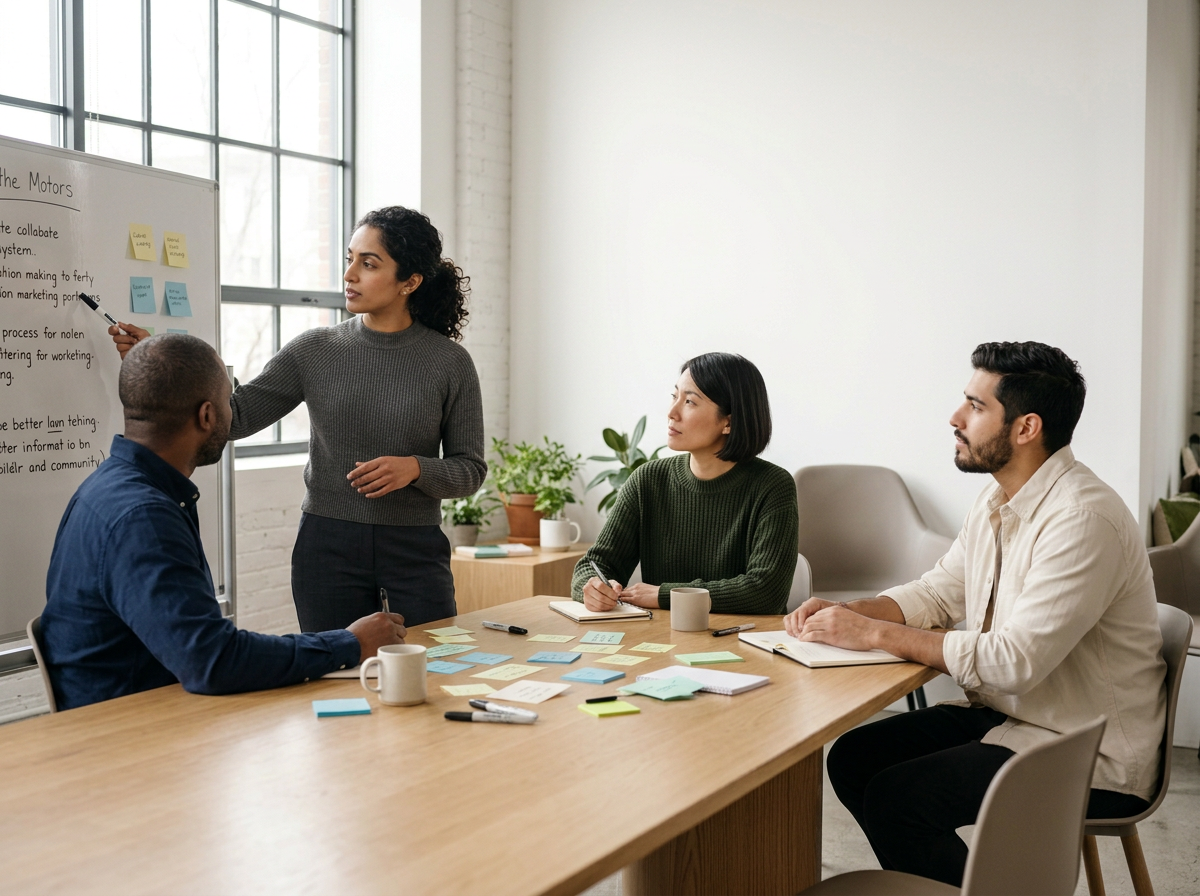 A diverse group of four people in a meeting room, with one woman standing and pointing to a whiteboard with notes and sticky notes, while three people sit at a wooden table taking notes and listening.