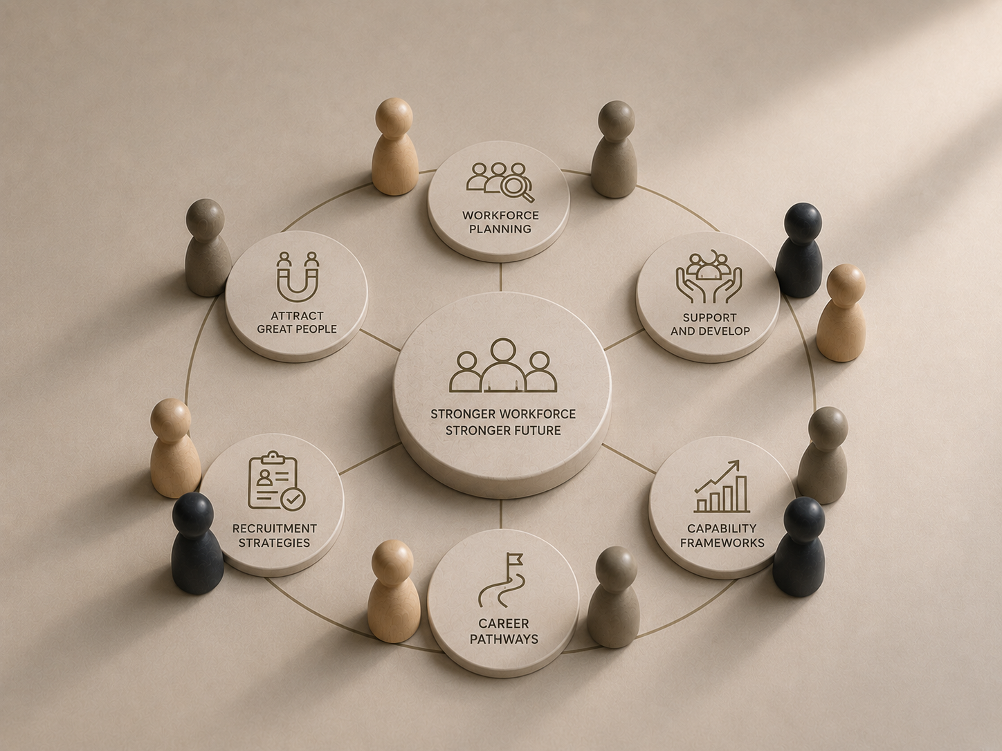 A circular diagram with icons and text, surrounded by small wooden and plastic figure people. The diagram includes sections labeled 'Workforce Planning,' 'Support and Develop,' 'Stronger Workforce Stronger Future,' 'Career Pathways,' 'Recruitment Strategies,' 'Capability Frameworks,' and 'Attract Great People.'