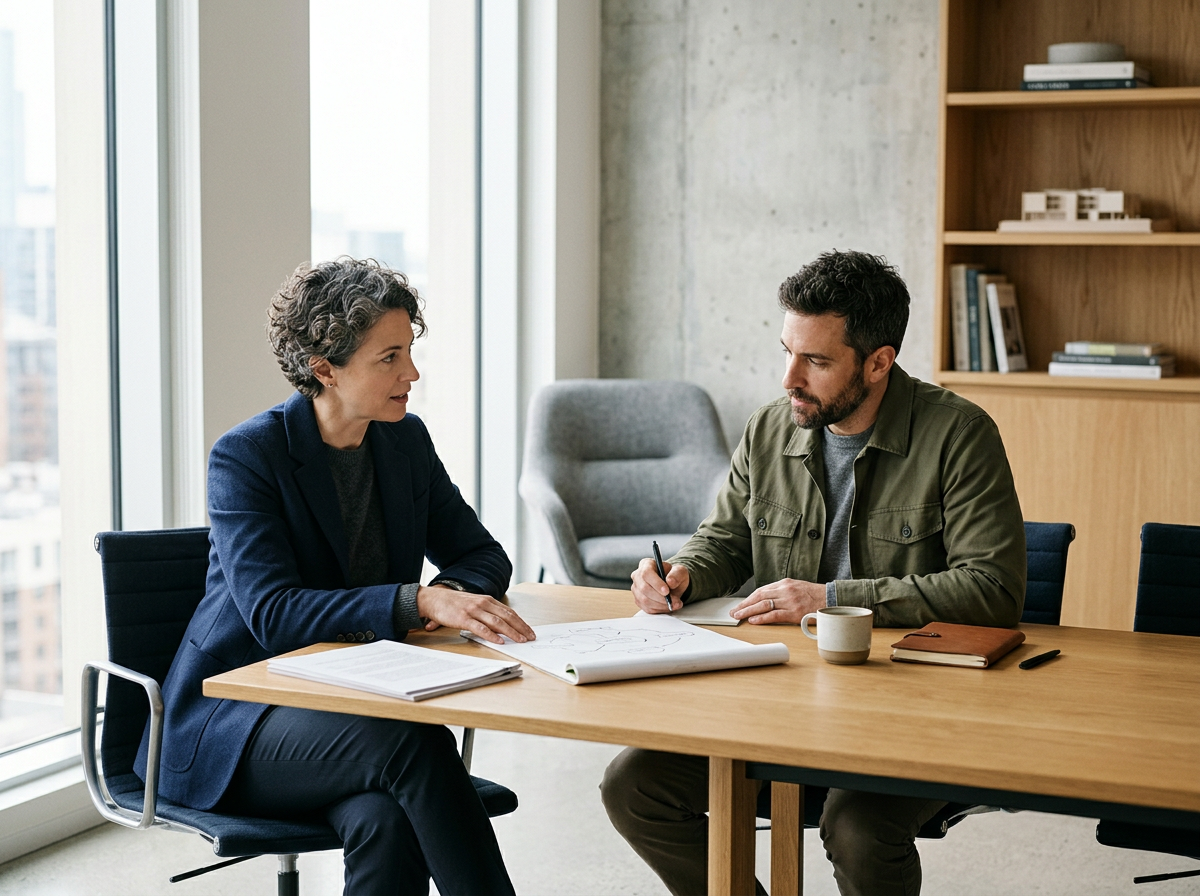 Two people having a business meeting at a table in an office, discussing documents and plans.