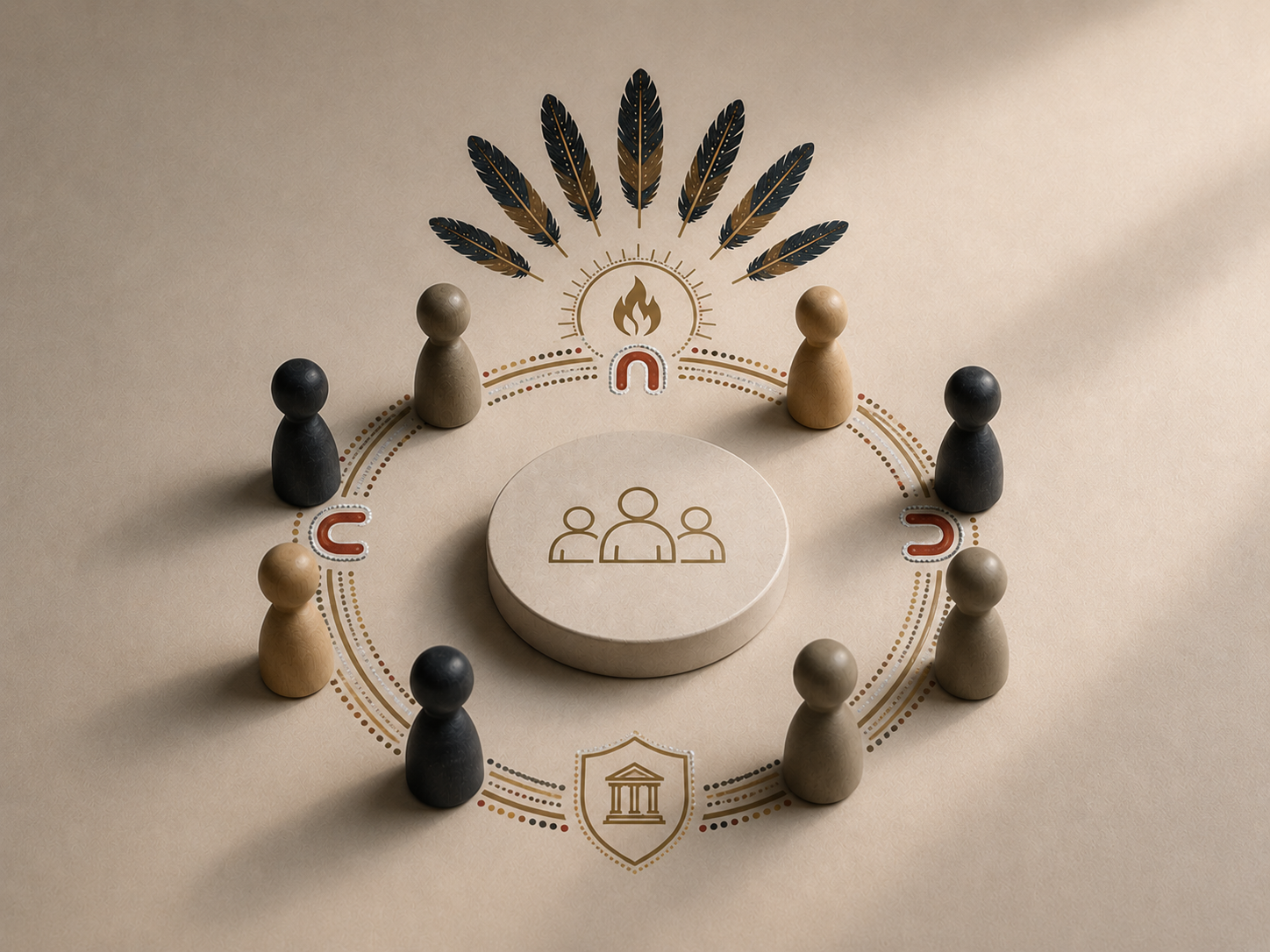 Minimalist infographic with a central circular icon of three people, surrounded by nine pawn-like figures in a circle, some black and some beige, with symbols including a flame, horseshoe, and a government building, connected by dotted lines and decorative arrows.