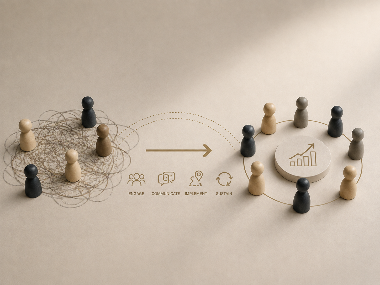Wooden figurines arranged in chaotic and organized circles illustrating a process of engagement, communication, implementation, and sustainability, with icons representing these stages.