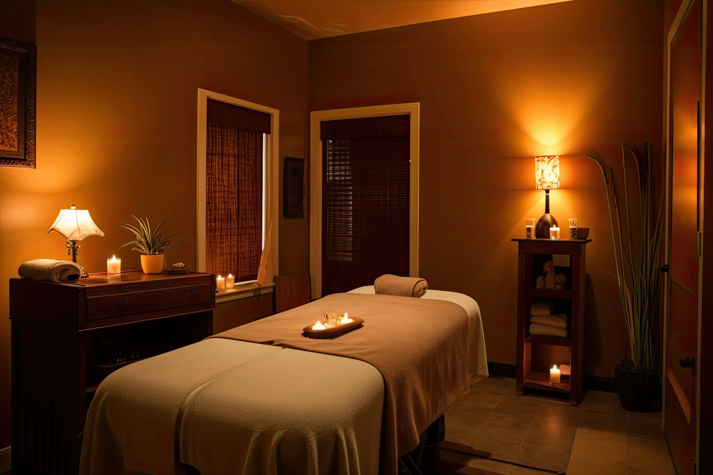 A dimly lit bedroom with a bed, bedside tables with lamps, candles, and plants. Two doors with blinds are visible, and decorative items are on the furniture.