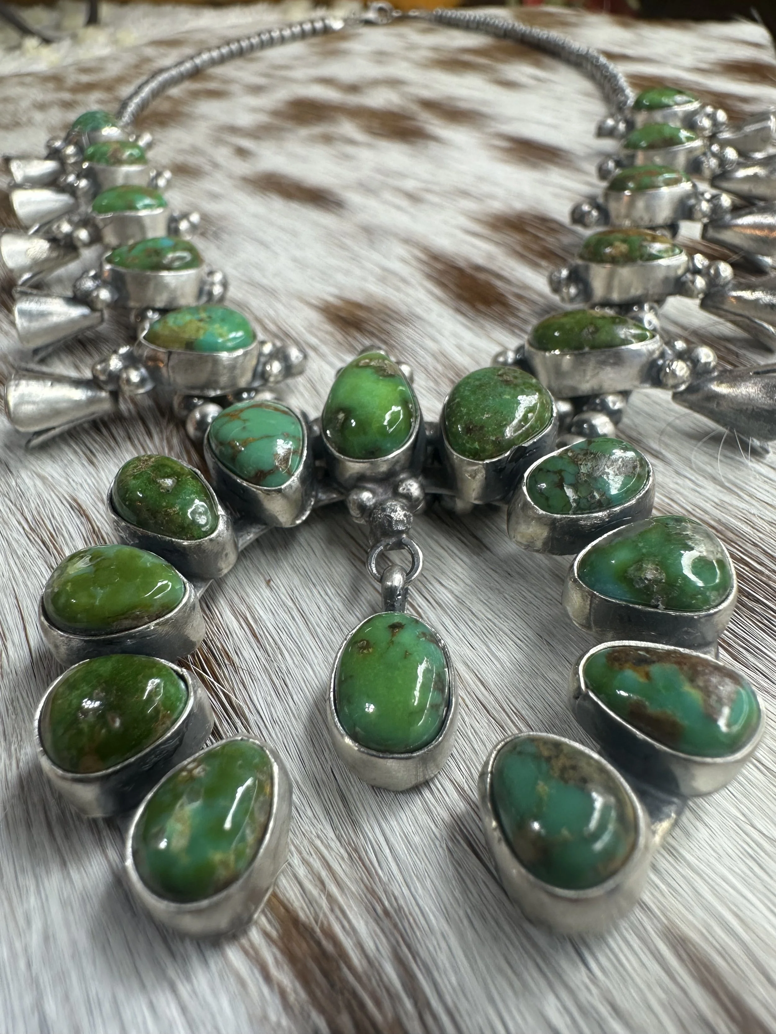 Native Signed Cactus Moon Turquoise Squash Blossom Necklace