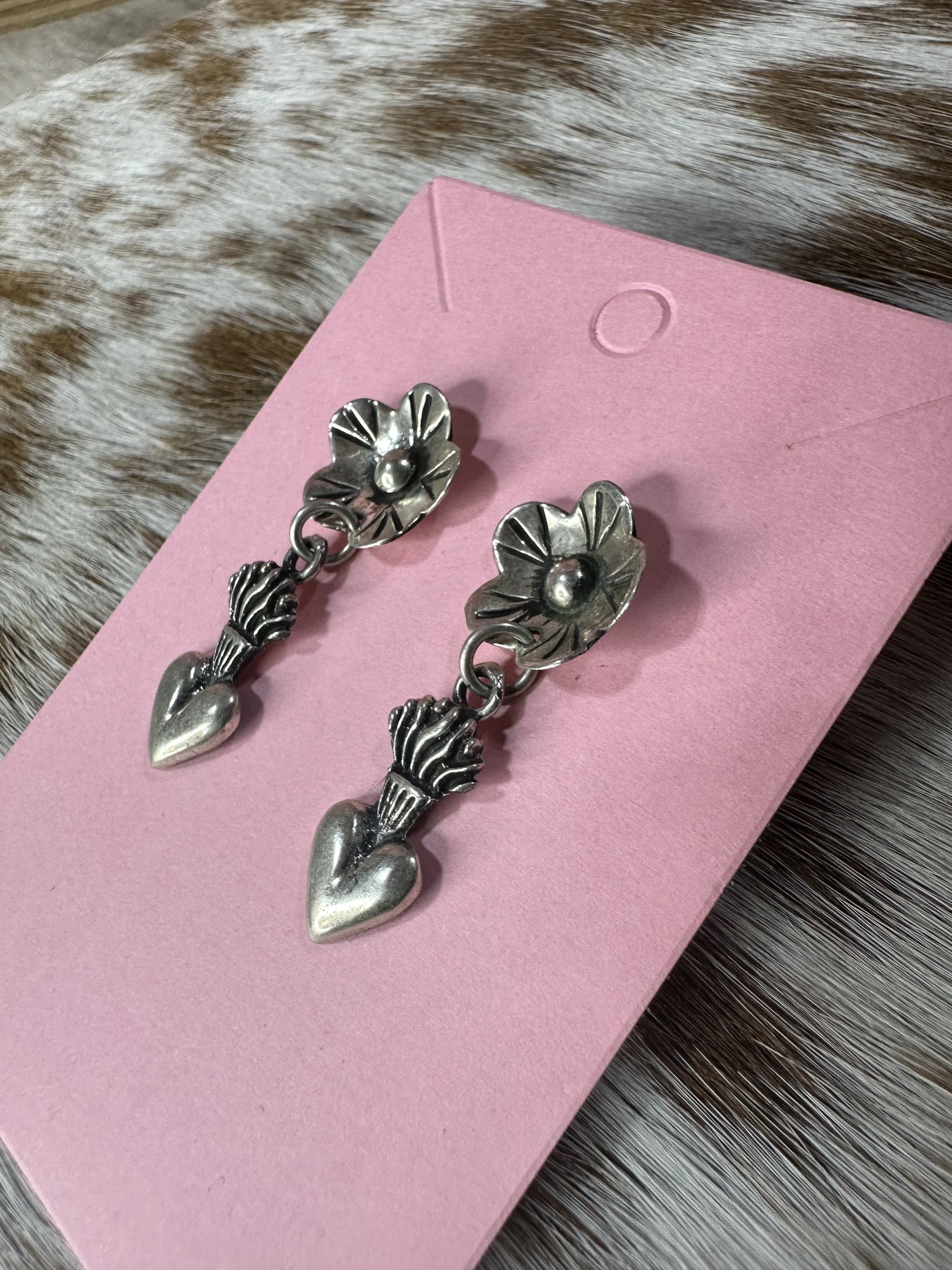 Taxco Flaming Heart Flower Post Dangle Earrings