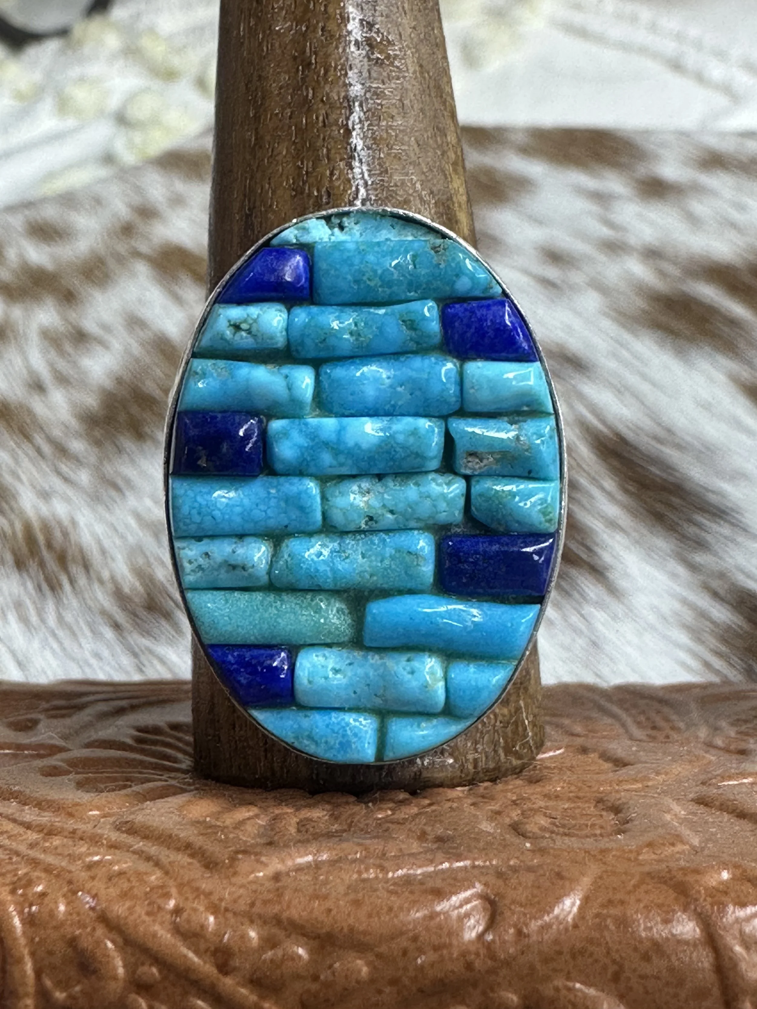**Vintage Turquoise / Blue Lapis Cobblestone Inlay Ring Sz 11