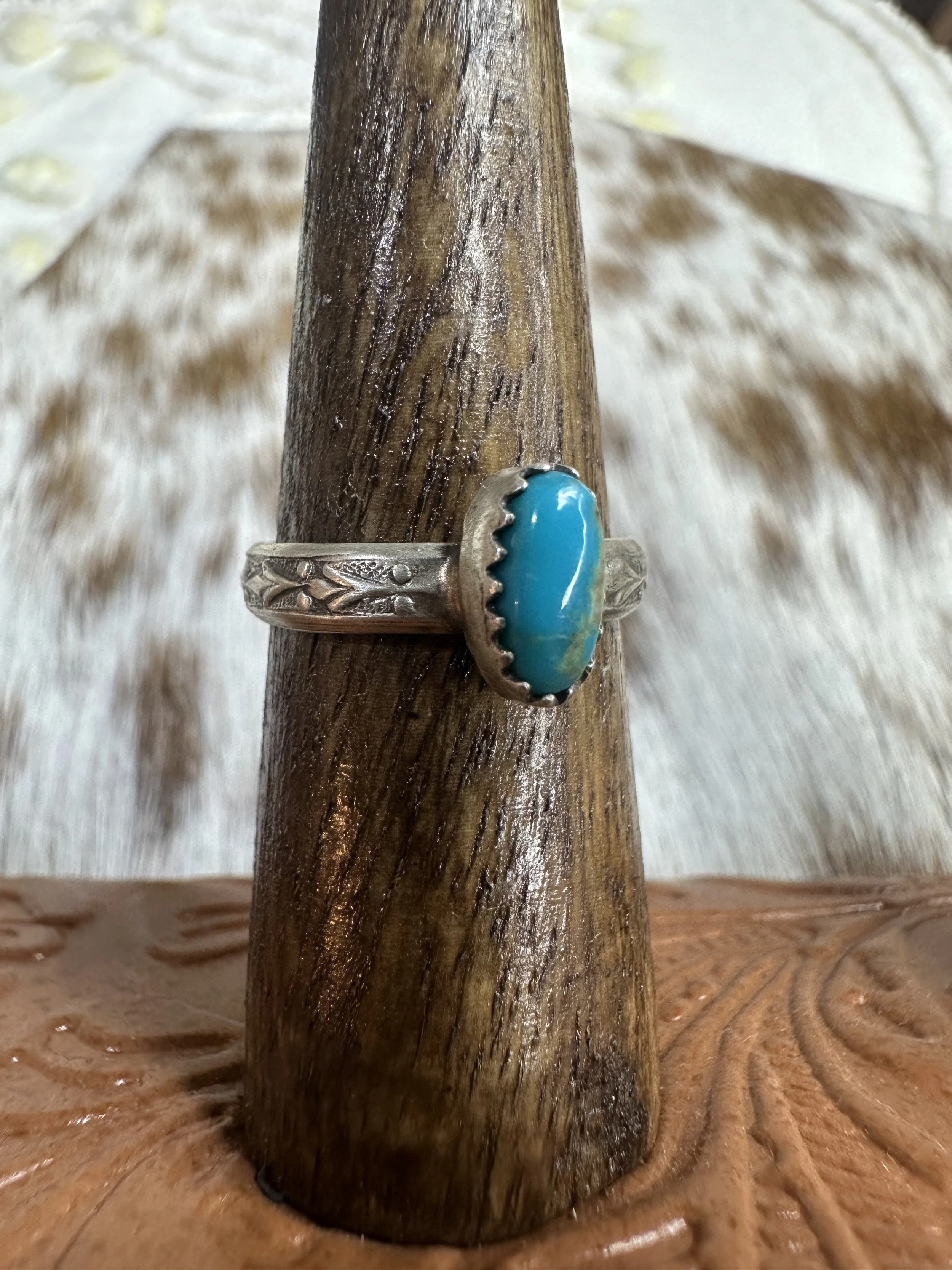 Kingman Turquoise Dainty Stamped Ring - Sz 7
