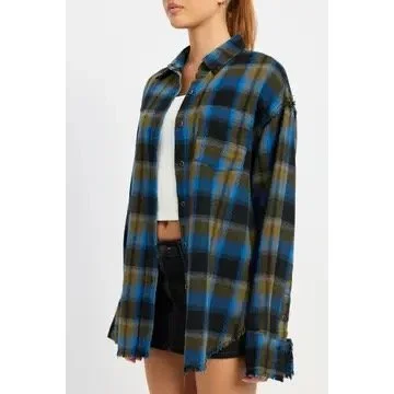 Acid Wash Flannel Top - Blue