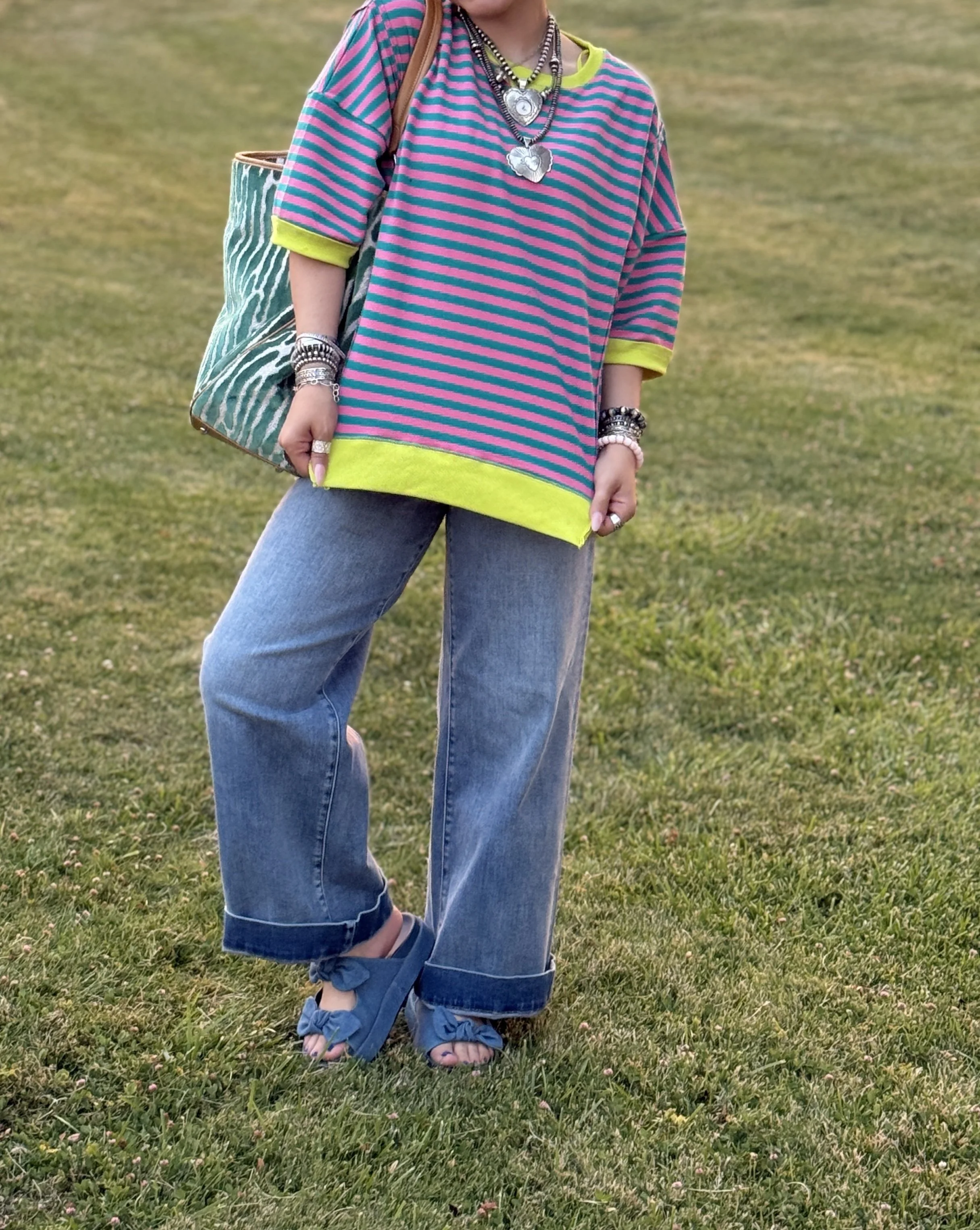 Oversized Seafoam/Pink Stripe