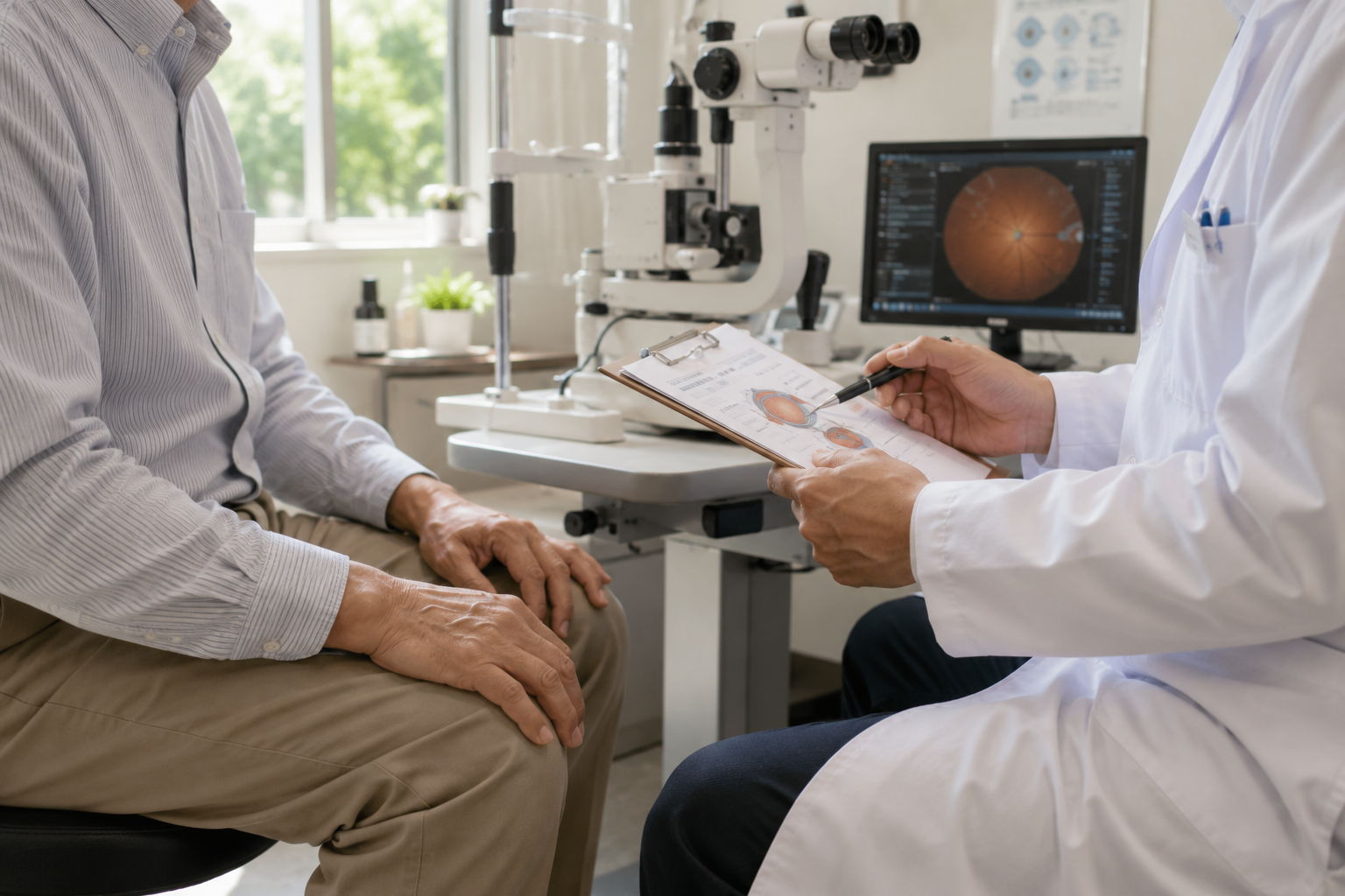 Doctor sitting with a patient in an examination room, reviewing a chart and discussing eye health while an eye exam machine and a computer displaying a retinal image are visible in the background.