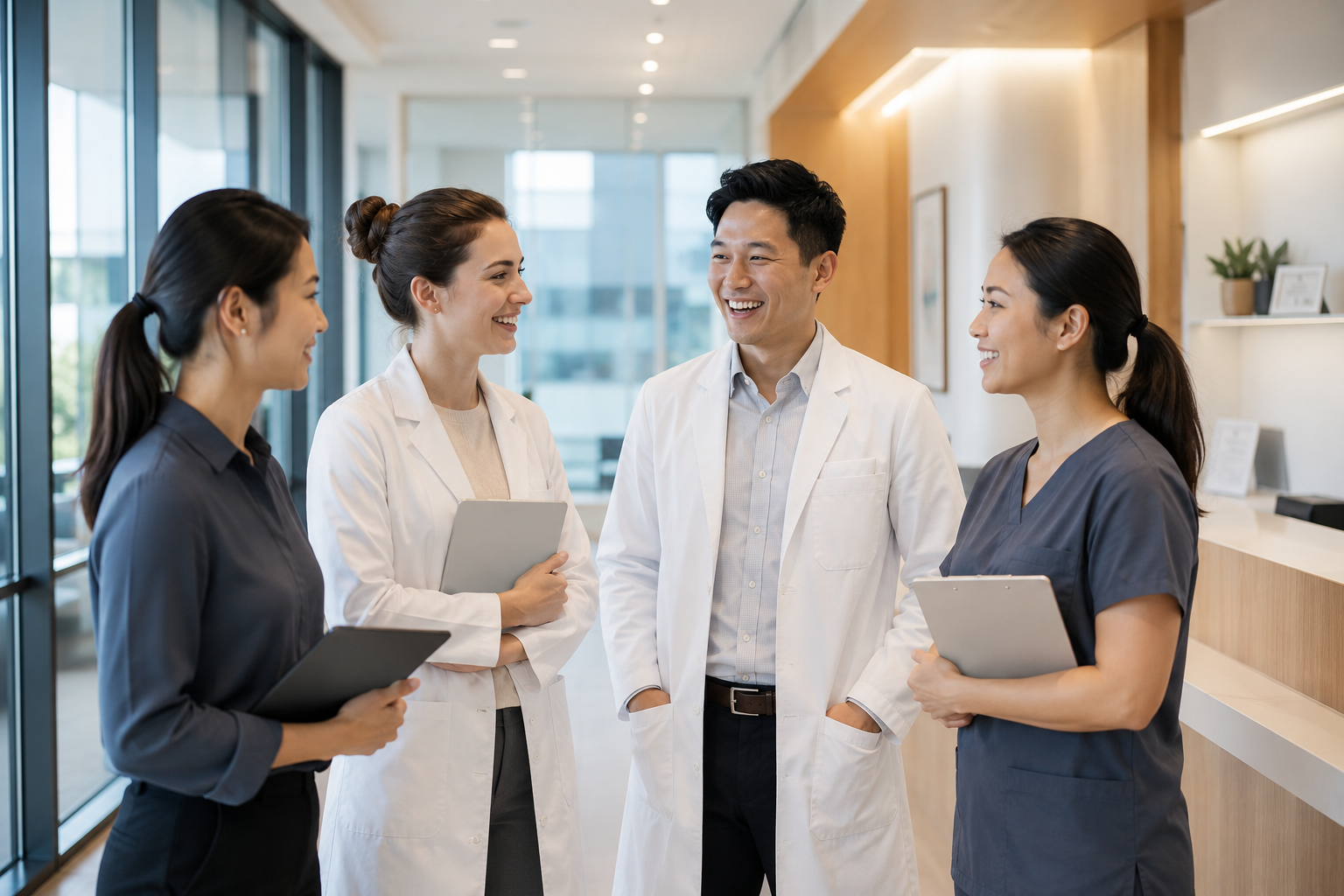 Group of four healthcare professionals, two women and one man in white coats, and one woman in navy scrubs, smiling and talking in a modern hospital corridor with large windows and wooden accents.