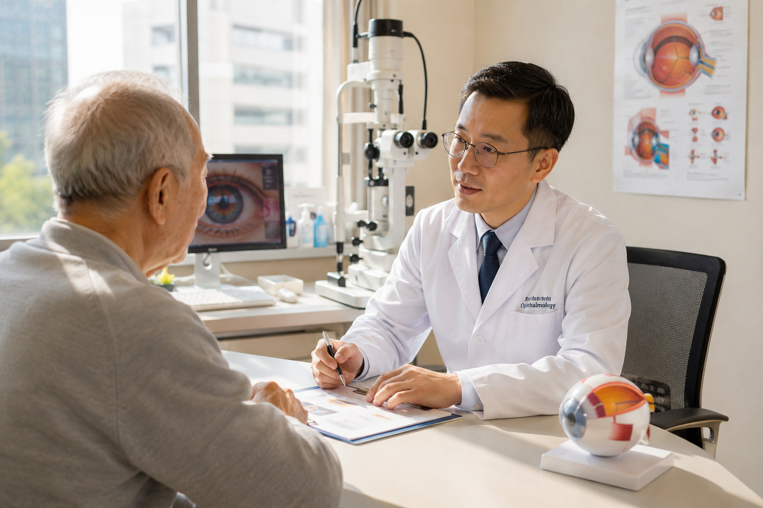 Doctor consulting with an elderly patient in an ophthalmology office, with eye diagrams and an eye microscope in the background.
