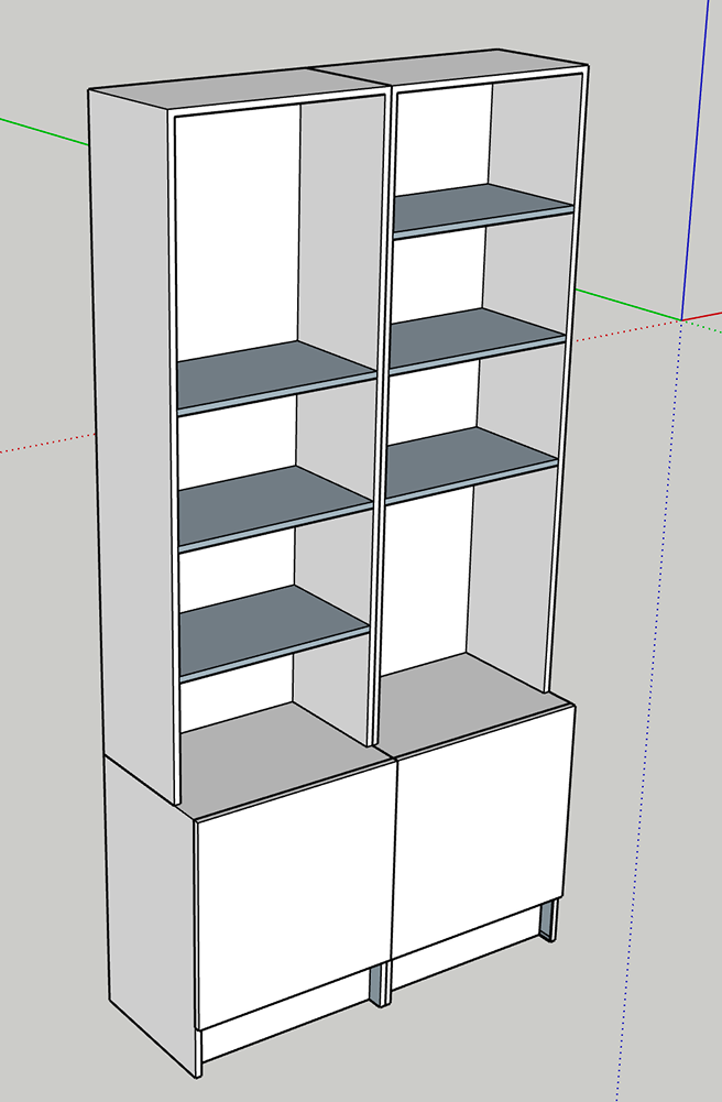 A tall white shelving unit with closed cabinets at the bottom and open shelves above. This is a 3D rendering to showcase our design services.