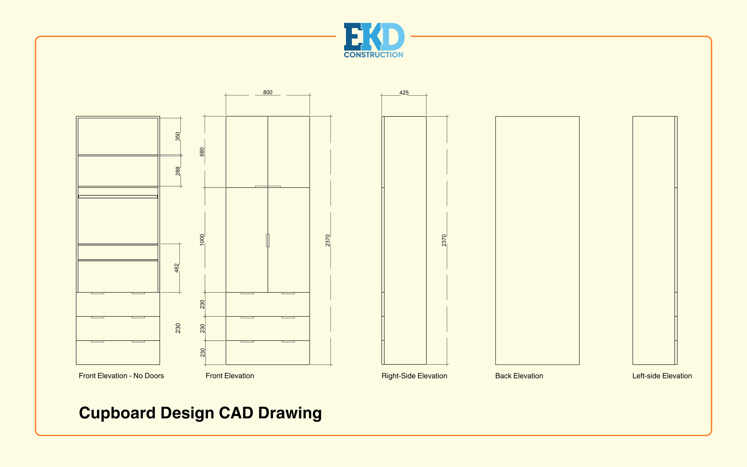 Architectural CAD drawing of a cupboard design showing front, right-side, back, and left-side elevations with detailed measurements.