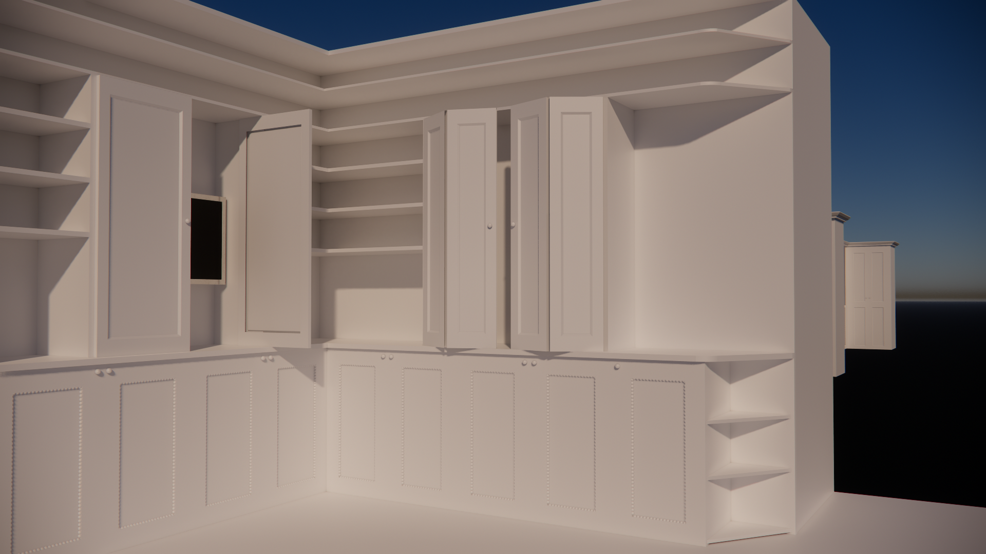 3D rendering of white built-in cabinets and shelving units inside a room, with a ceiling featuring layered molding and a large open sky visible outside.
