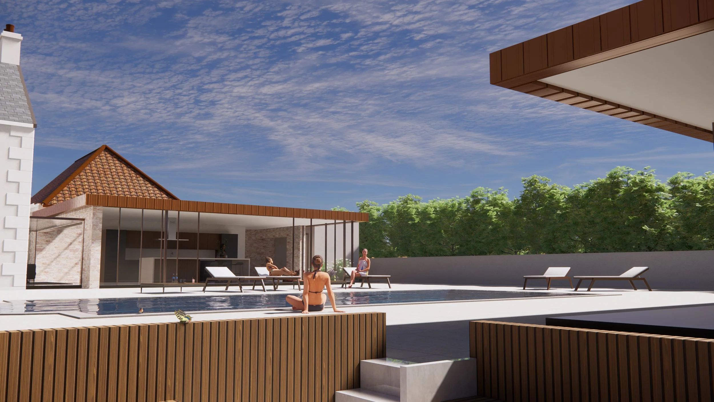 A modern outdoor pool area with lounge chairs and people relaxing, surrounded by contemporary architecture and lush green trees under a partly cloudy sky. This is a 3D render to showcase our design services