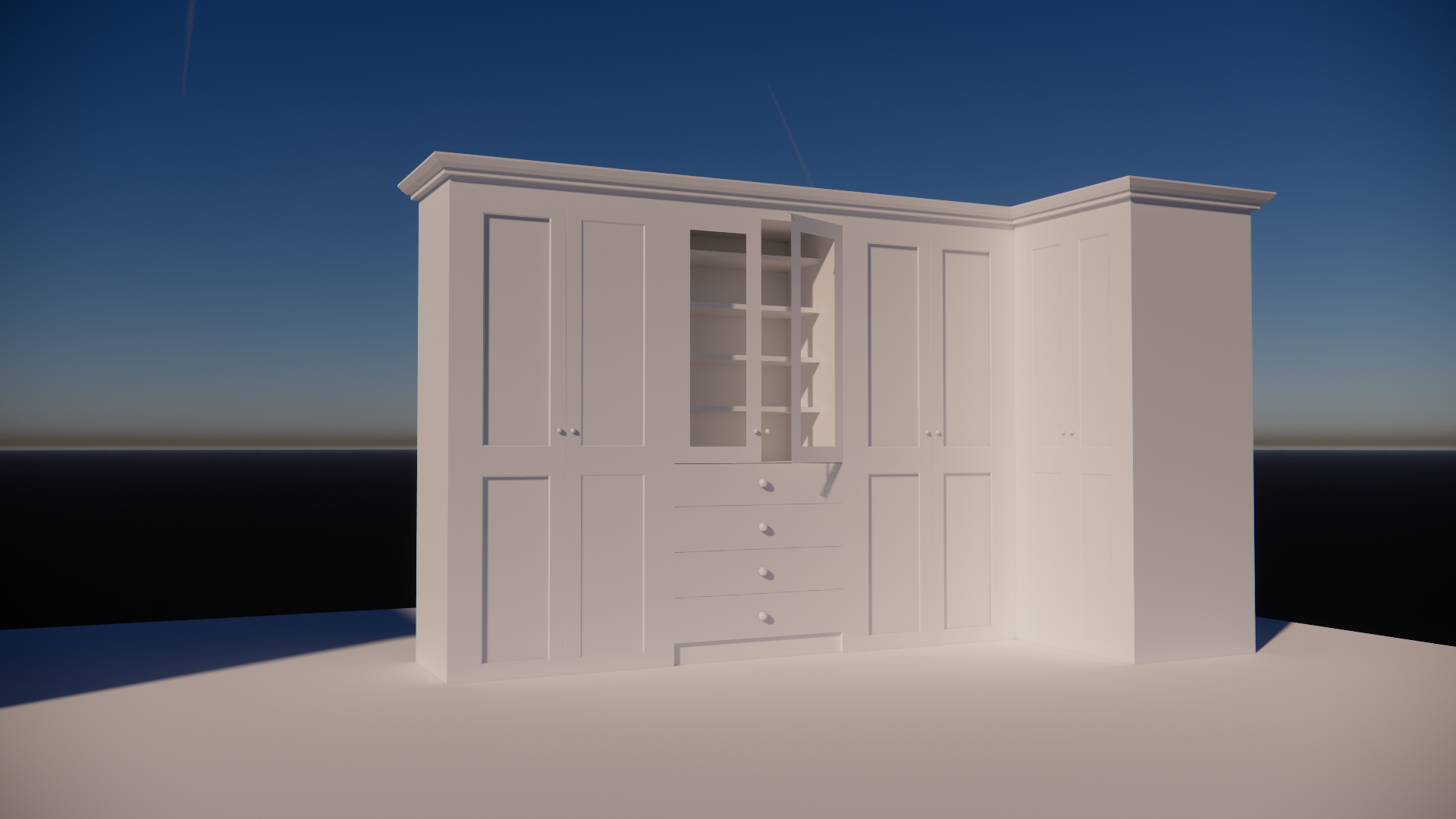 White built-in cabinet with closed doors, open shelves, and drawers, set against a clear blue sky background. This is a 3D rendering to showcase our design services.