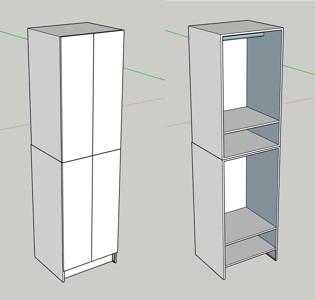 Digital 3D rendering of a tall, white, two-door storage cabinet with adjustable shelves, shown with doors closed and open.