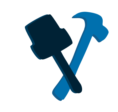 A hammer and a pickaxe crossed against a white background.