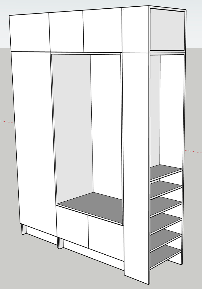 Sketch of a white storage wardrobe with closed upper cabinets, an open central section, and open shelves on the right side.