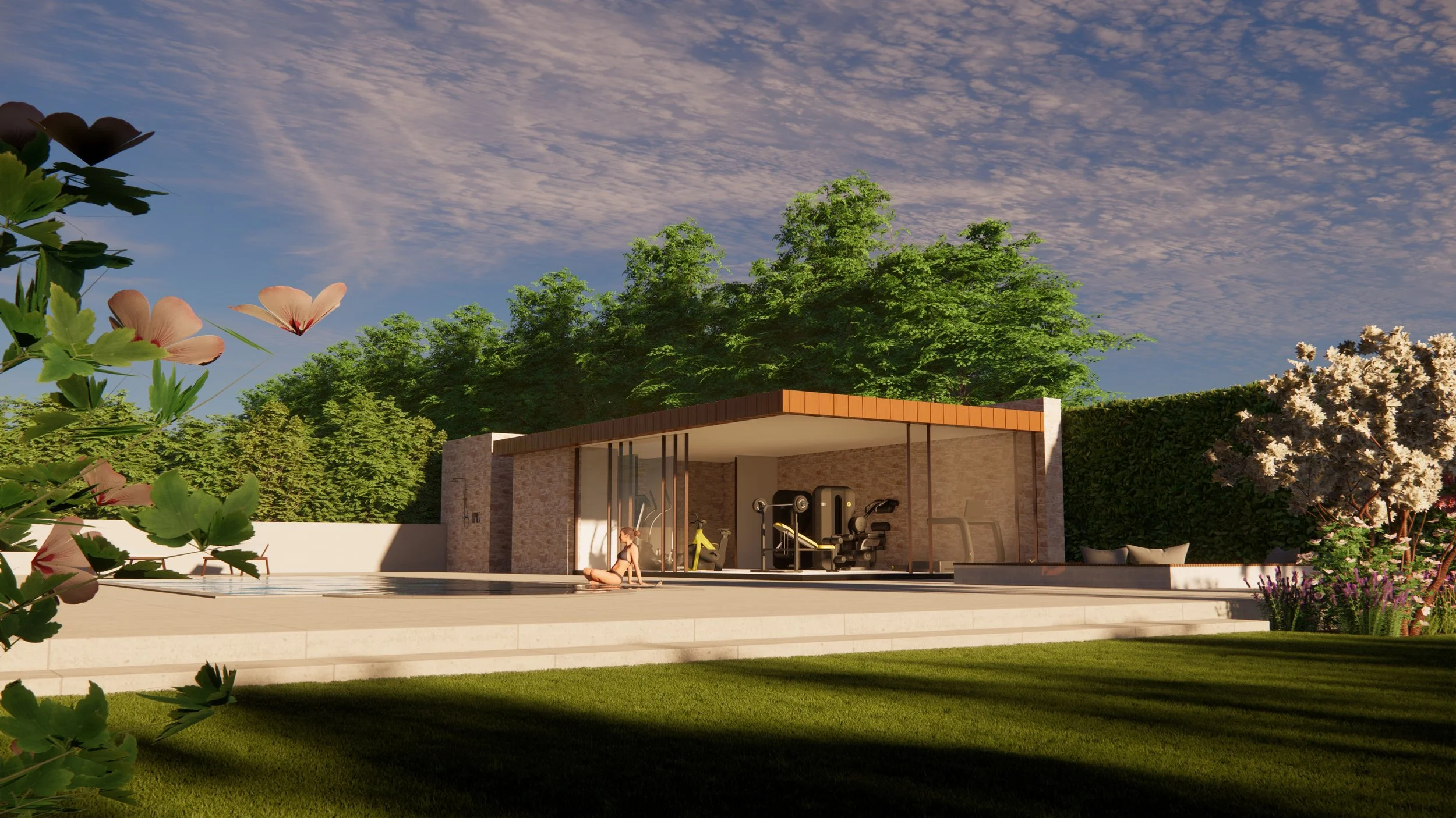 Modern backyard with a swimming pool, a small fitness area with gym equipment, a person sitting by the pool, surrounded by greenery and trees, under a partly cloudy sky. This is a 3D rendering to showcase our design services.