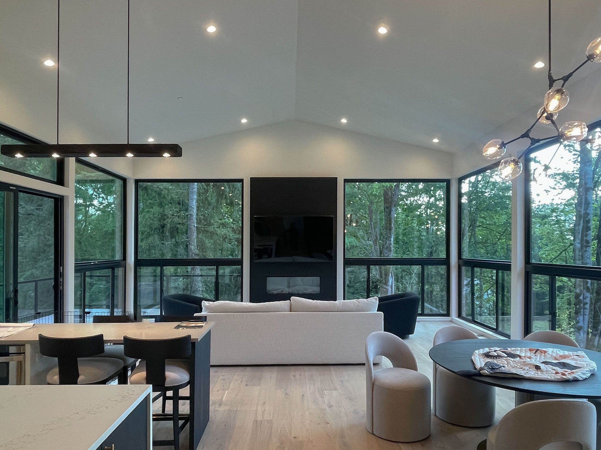 Open living room with large windows showing trees outside, featuring modern light fixtures, a black and white sofa, a dining table with chairs, and a flat-screen TV.