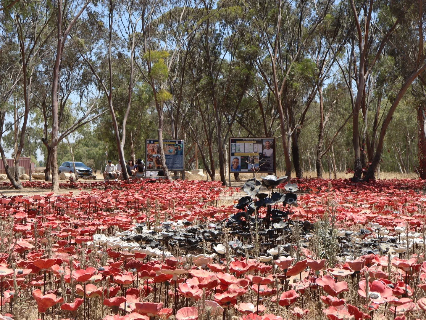 A garden with many red, white, and black metal flowers displayed among plants, with trees and informational signs in the background