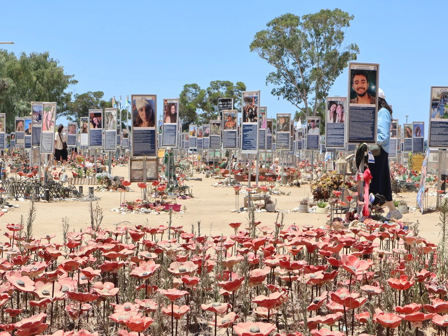 A memorial site with portraits of people on display boards, surrounded by flowers, in an outdoor sunny area with trees in the background.