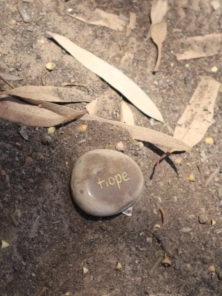 A smooth stone with the word "hope" engraved on it, placed on dirt among dry leaves and small scattered debris.