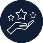 Hand holding three stars, with one larger star above and two smaller stars around it, on a dark circular background.
