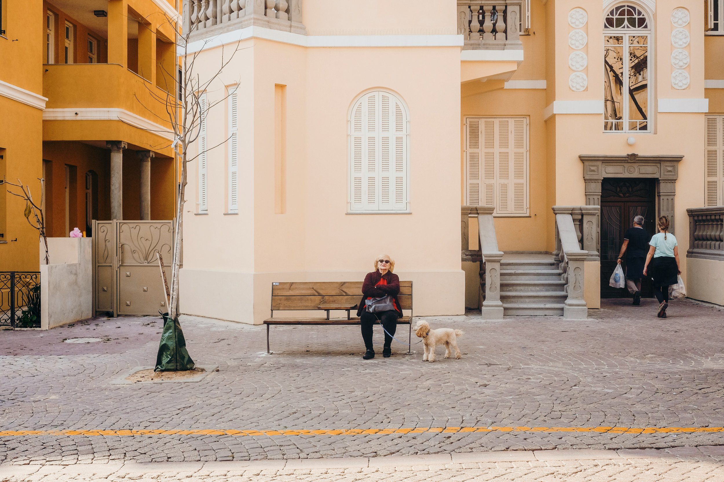 A woman with sunglasses sitting on a bench holding a leash of a dog, with two people walking past in front of a pastel-colored building with arched and rectangular windows, some with shutters, and decorative architectural features.