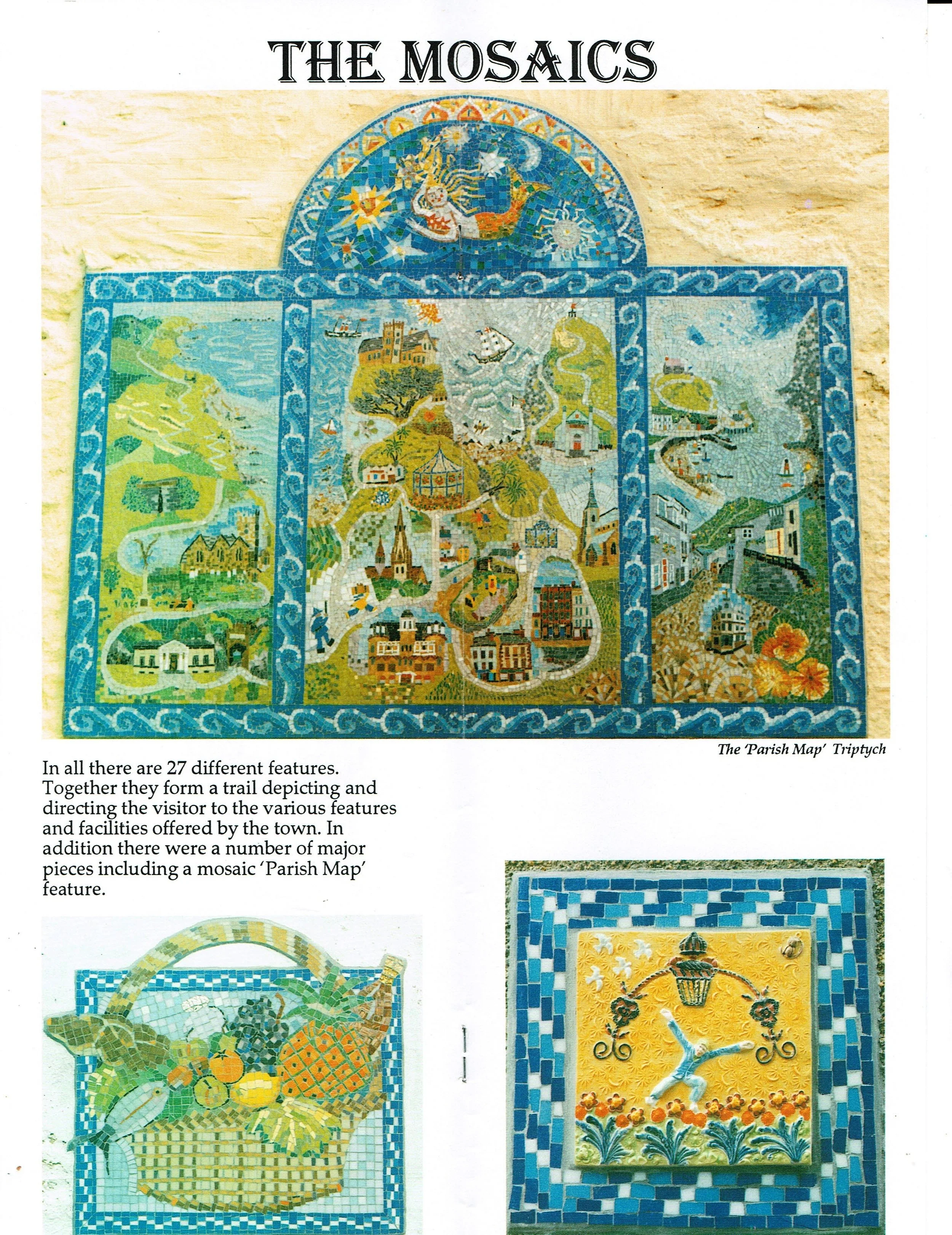 Close-up of a colorful mosaic titled 'The Parish Map' with various scenes depicting a town, a castle, a pirate ship, a winding road, and architectural features, framed in blue with decorative borders.