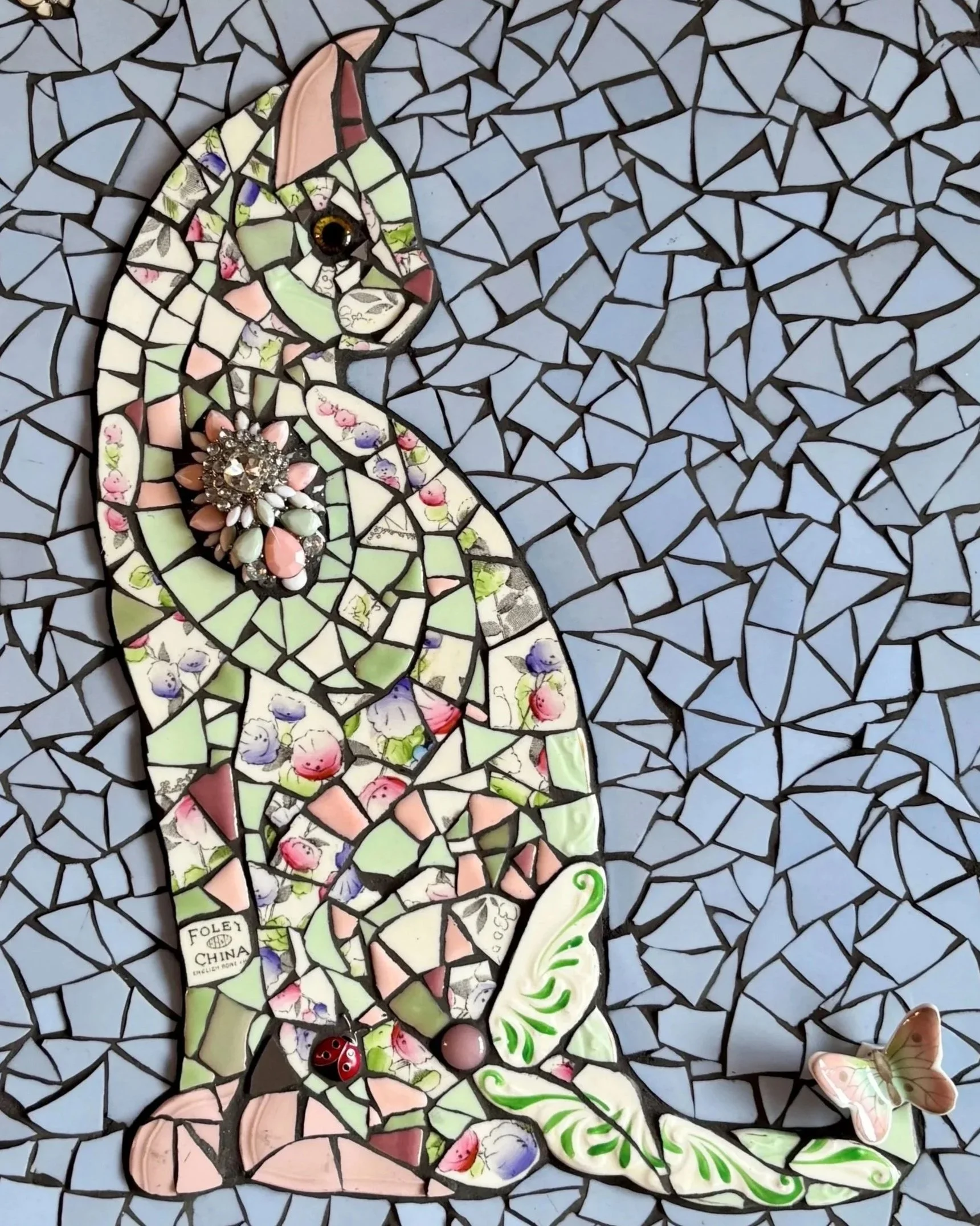 Florence mosaic cat made from vintage costume jewellery and floral china