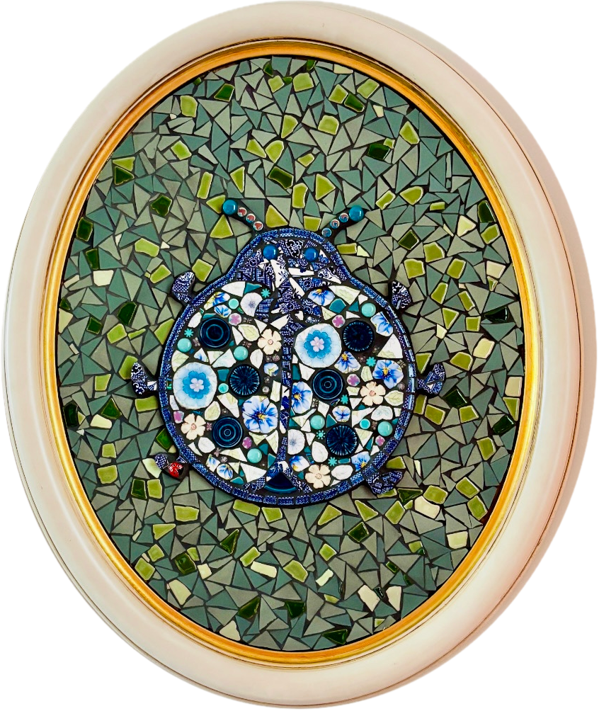 Mosaic wall clock with a ladybug design featuring blue and white flowers on a mosaic background.