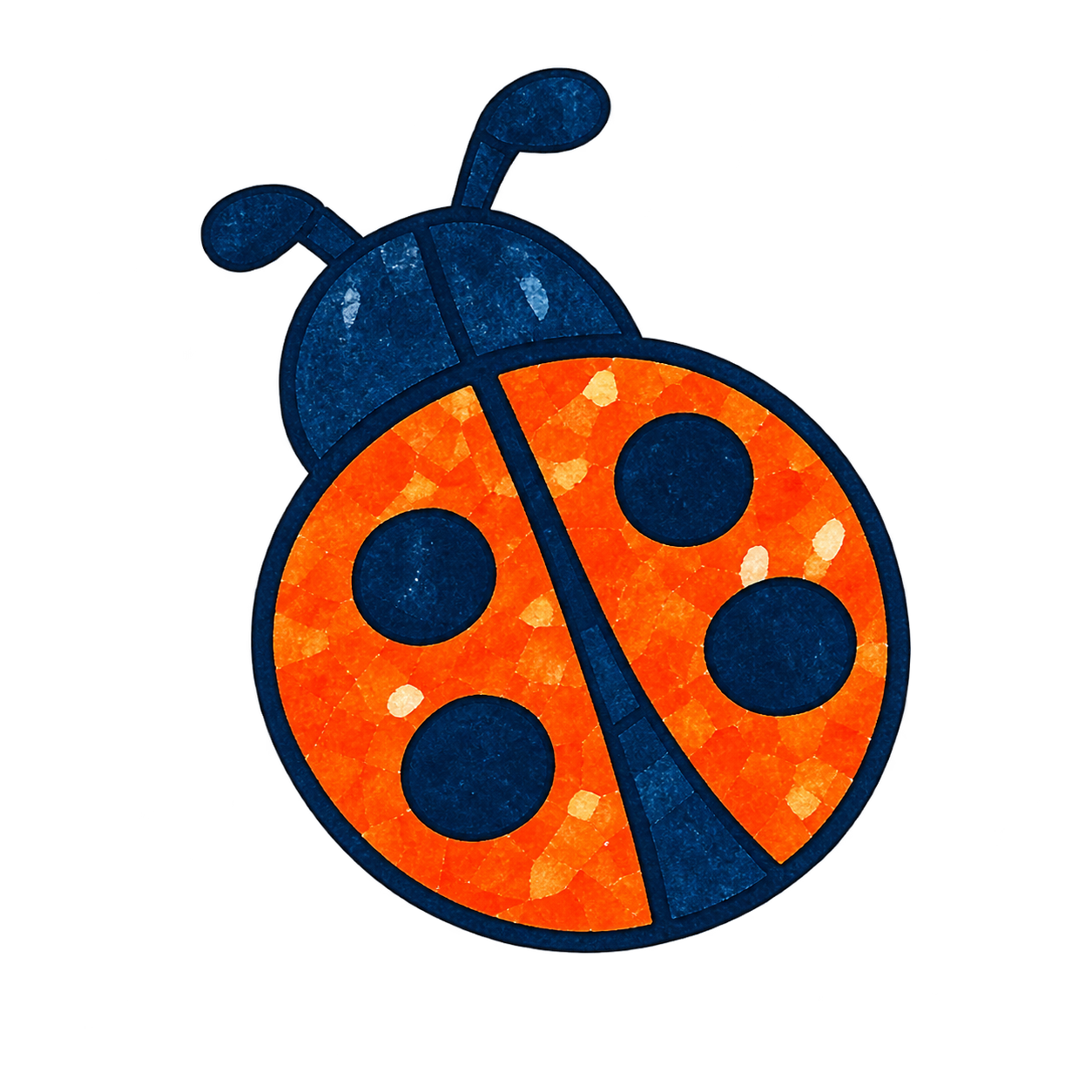 A ladybug with mosaic-style orange and black wings and a blue head, shown against a dark background.