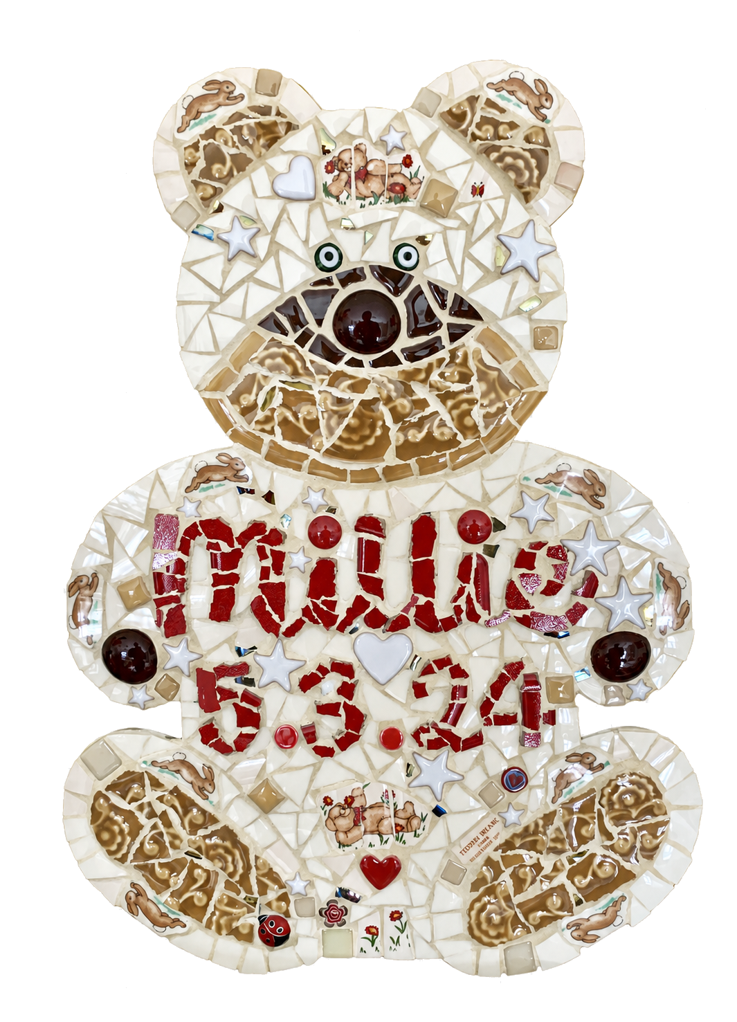 Mosaic artwork of a teddy bear made from various small objects, with the word 'HUG' written in red mosaic pieces and surrounded by decorative elements like stars, hearts, and animals.