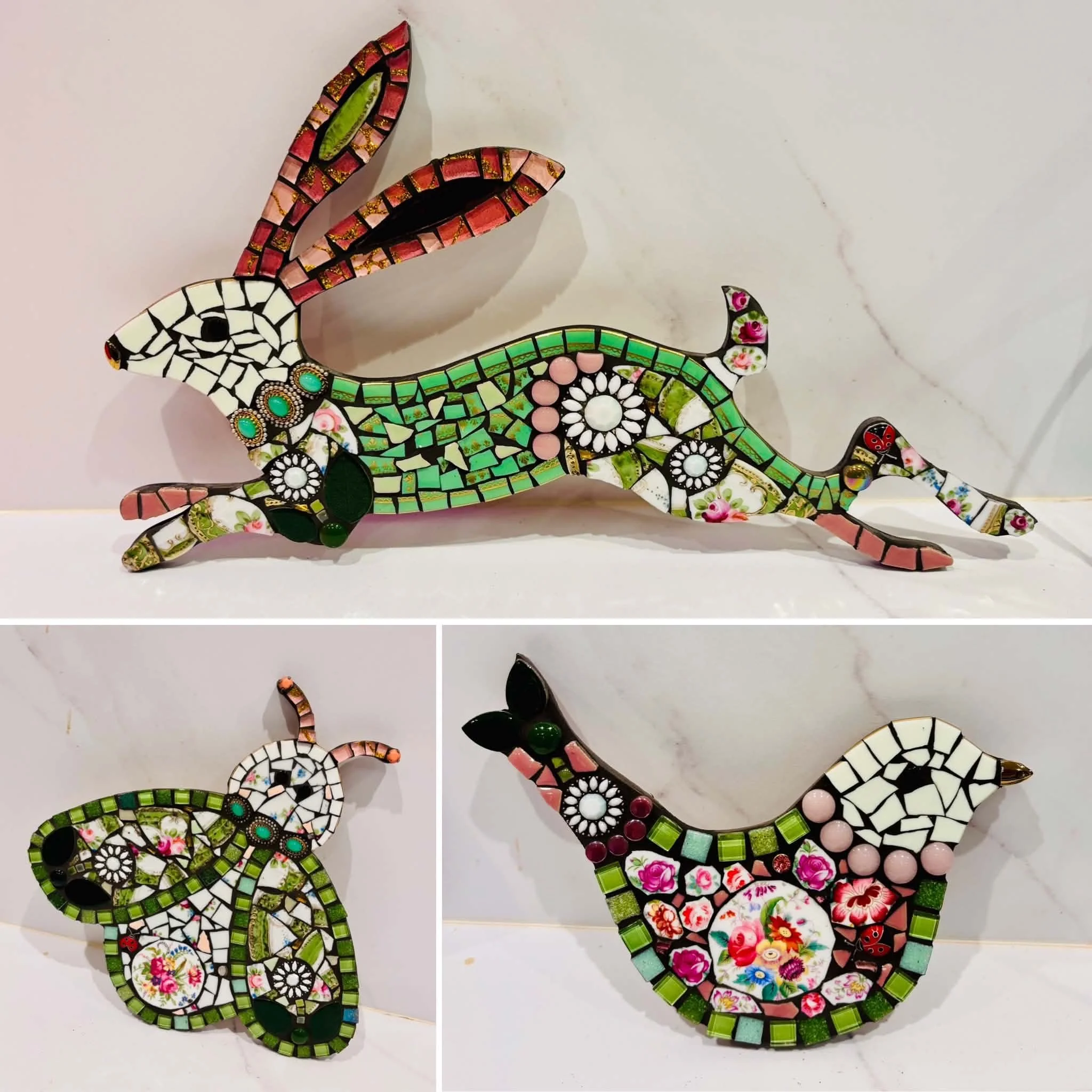 a hare, a bee and a bird mosaics