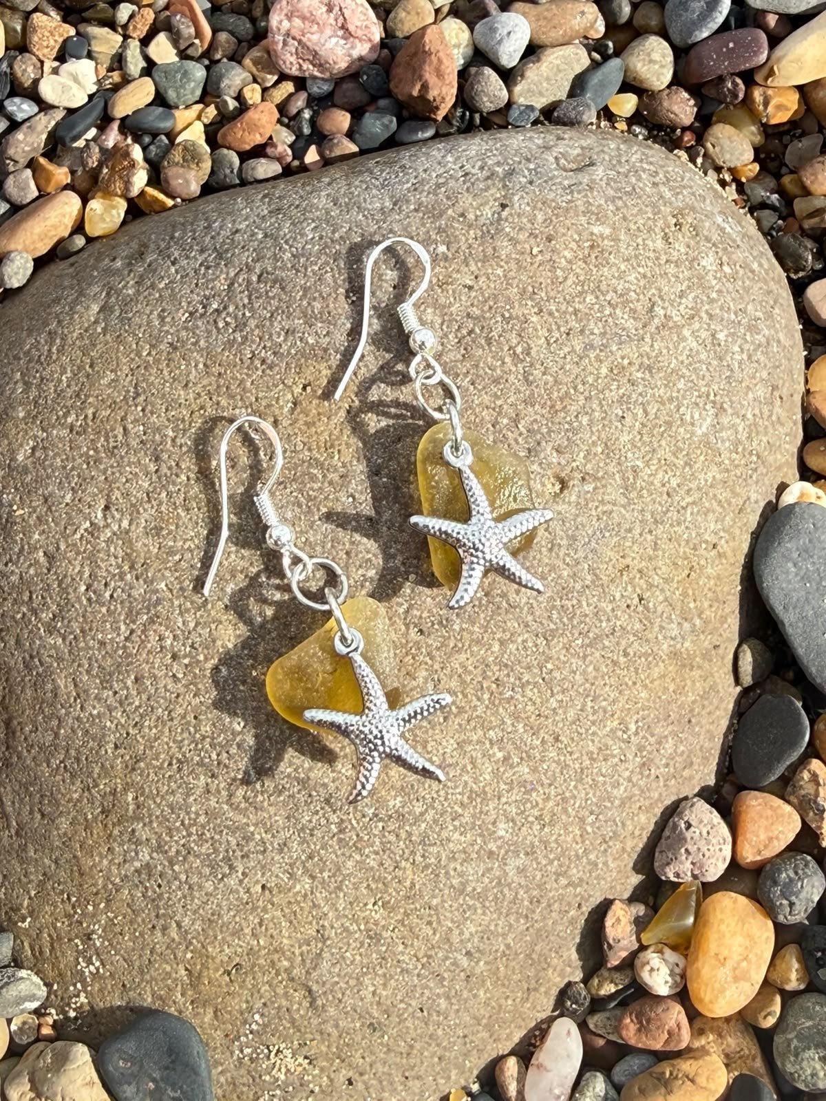 rare yellow seaglass and silver starfish earrings