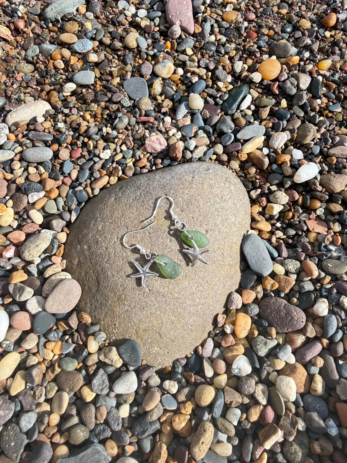 Green seaglass and silver starfish earrings