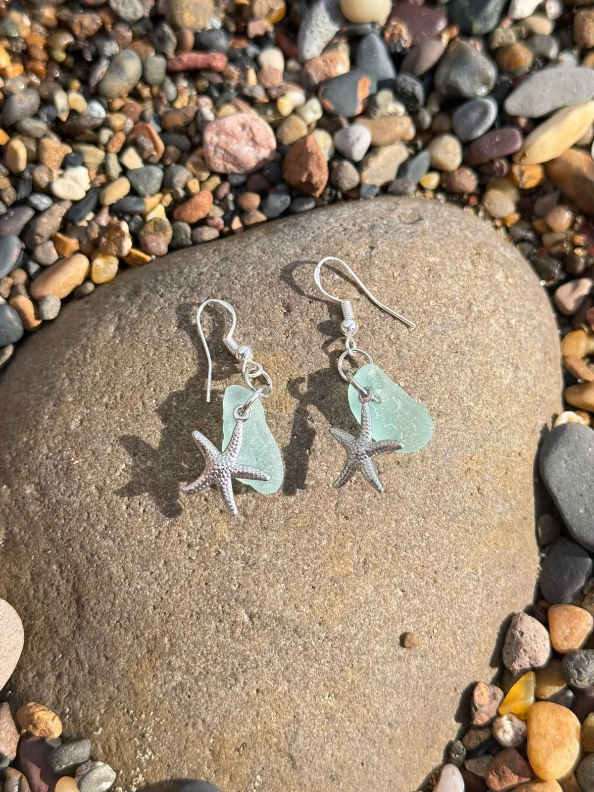 seafoam blue seaglass and silver starfish earrings