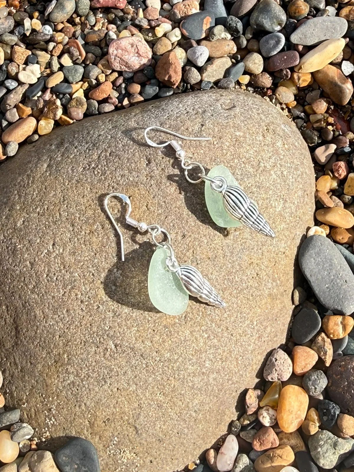 seafoam blue seaglass and silver shell earrings