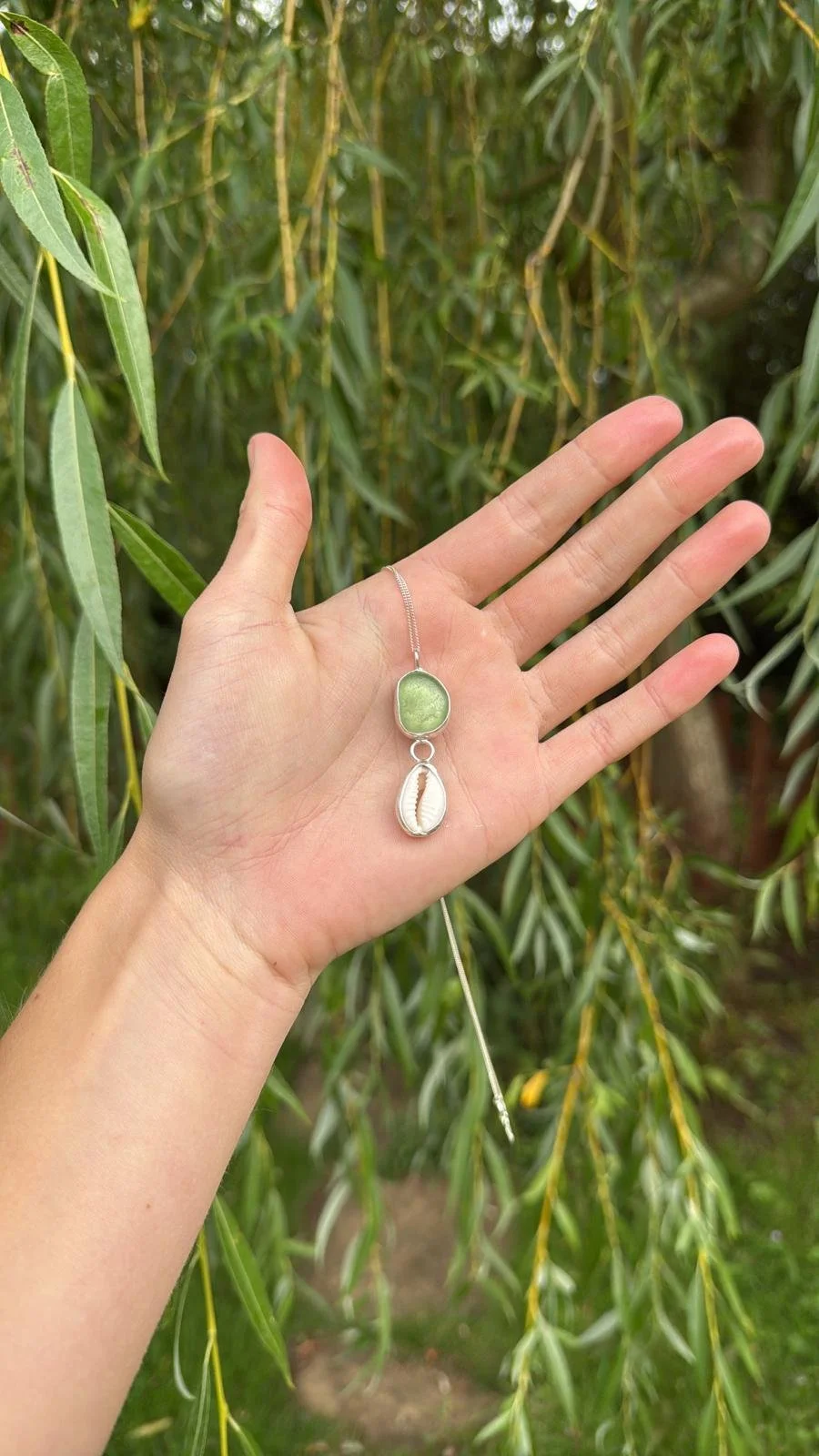 cowrie shell & seaglass pendant