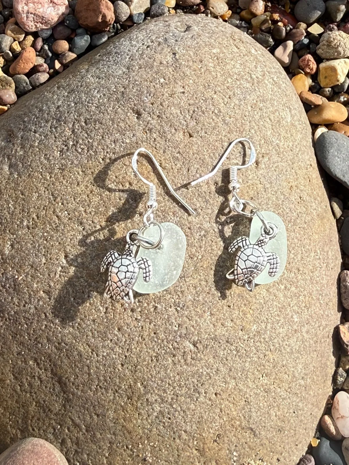 seafoam seaglass and silver turtle earrings