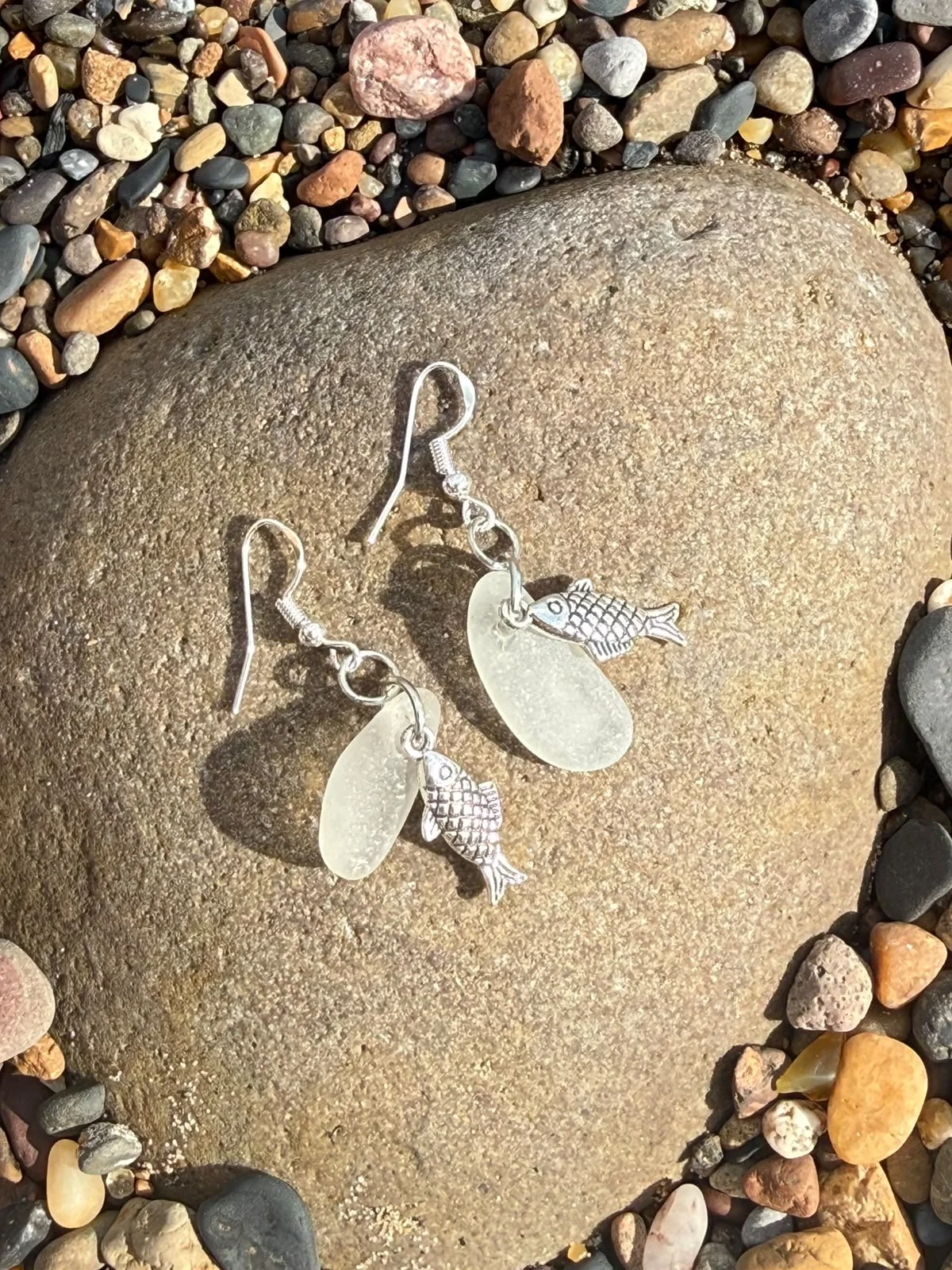 Silver fish and white seaglass earrings